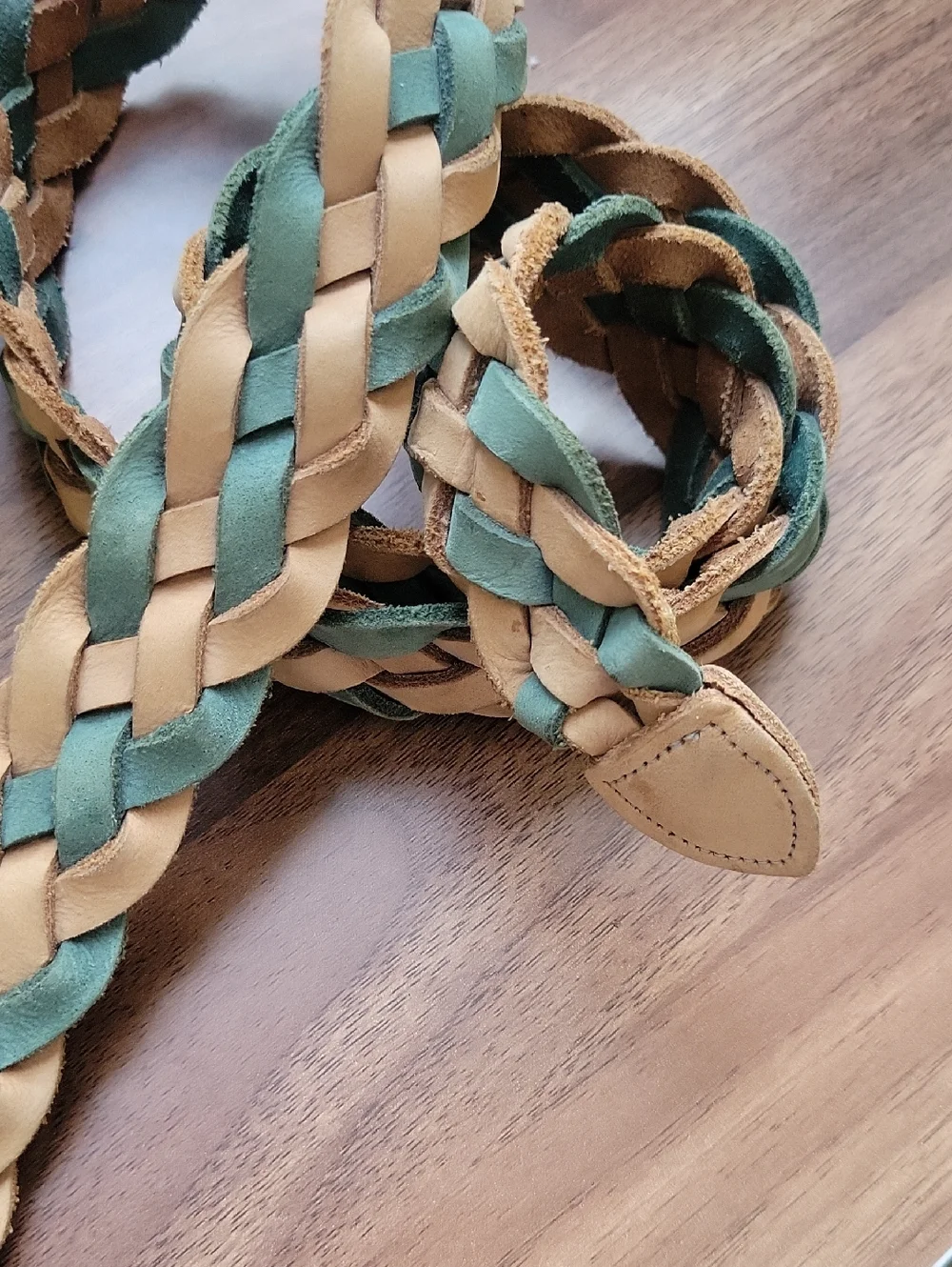 The Limited Braided Leather Tan and Green Belt with Gold Buckle